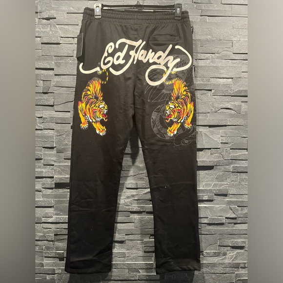 Ed Hardy Crawling Tiger Graphic Cotton Blend Jersey Drawstring Sweatpants Black - Picture 8 of 15